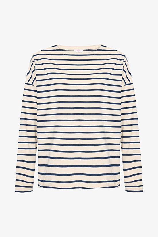 Beyaz Lacivert Çizgili Uzun Kollu Üst - 7