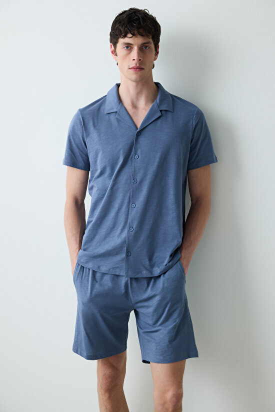 Basic Stone Gray Şortlu Pijama Takımı - 1
