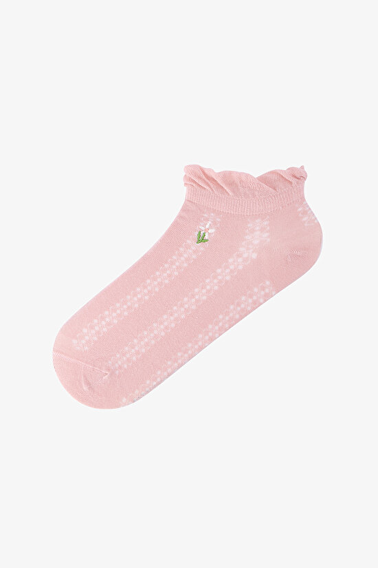 3 Çift Burun Dikişsiz Pamuklu Renkli Çiçek Nakışkı Fırfırlı Soket Çorap - 3