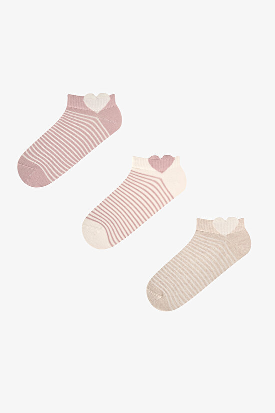 Beige Soft Heart Cotton 3 Pack Liner Socks - 1