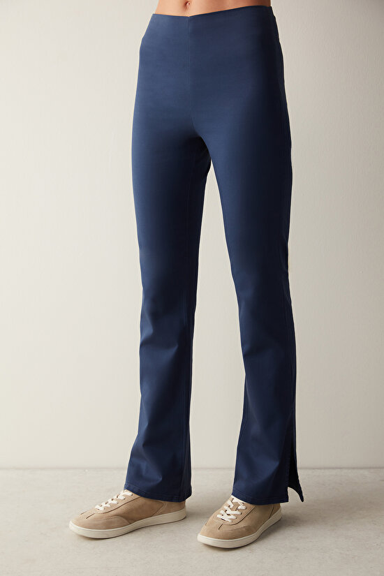 Mavi Yüksek Bel Jean Görünümlü Flare Pantolon - 3