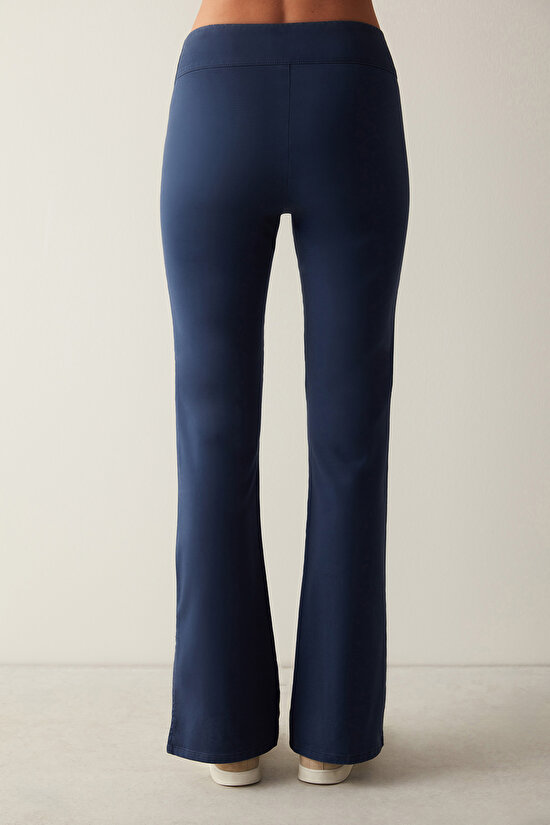 Mavi Yüksek Bel Jean Görünümlü Flare İspanyol Paça Pantolon - 5