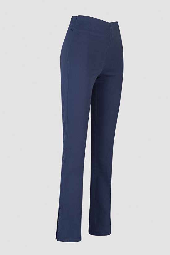 Mavi Yüksek Bel Jean Görünümlü Flare İspanyol Paça Pantolon - 7
