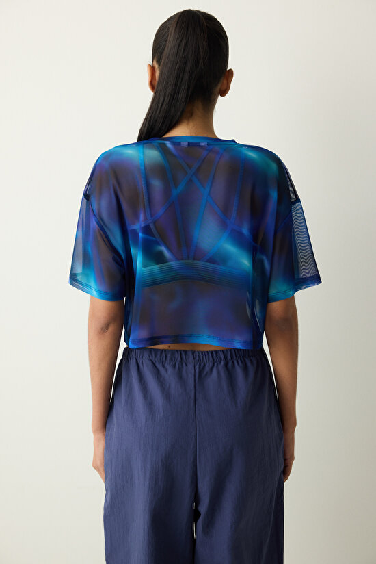 Çok Renkli Bisiklet Yaka Transparan Tişört - 3