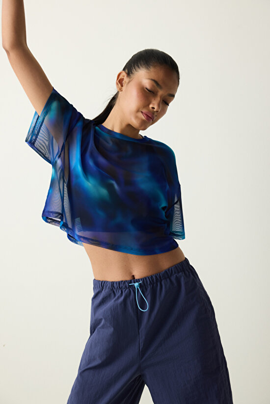 Çok Renkli Bisiklet Yaka Transparan Tişört - 4