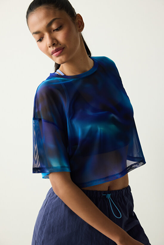 Çok Renkli Bisiklet Yaka Transparan Tişört - 5