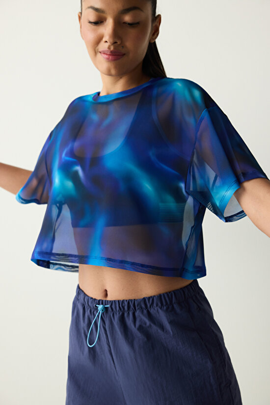 Çok Renkli Bisiklet Yaka Transparan Tişört - 6