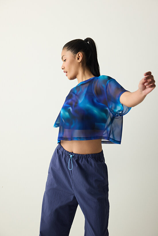 Çok Renkli Bisiklet Yaka Transparan Tişört - 7