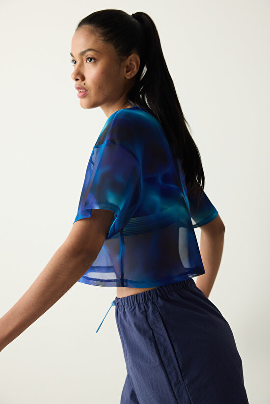 Çok Renkli Bisiklet Yaka Transparan Tişört - 8