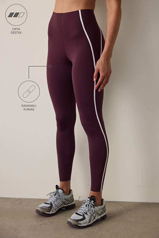 Burgundy Medium Support Contrast Bonding High Waist Leggings - 4
