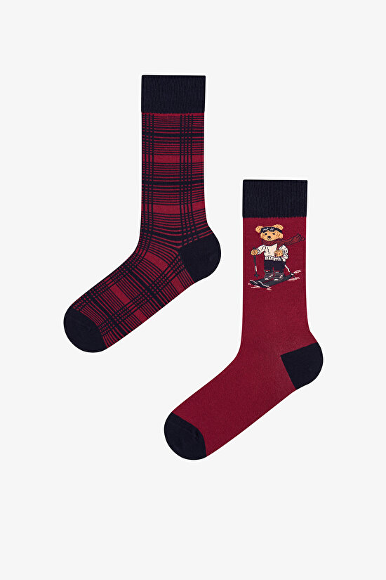 Erkek Kırmızı Ski Buddy Yeni Yıl Desenli Pamuklu 2 Çift Soket Çorap - 1
