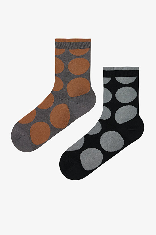 2 Çift Pamuklu Büyük Puantiye Desenli Soket Çorap - 1