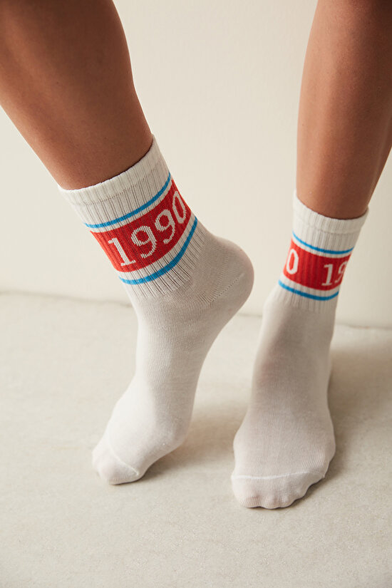 Retro 1990 Kırmızı-Beyaz 2li Soket Çorap - 1