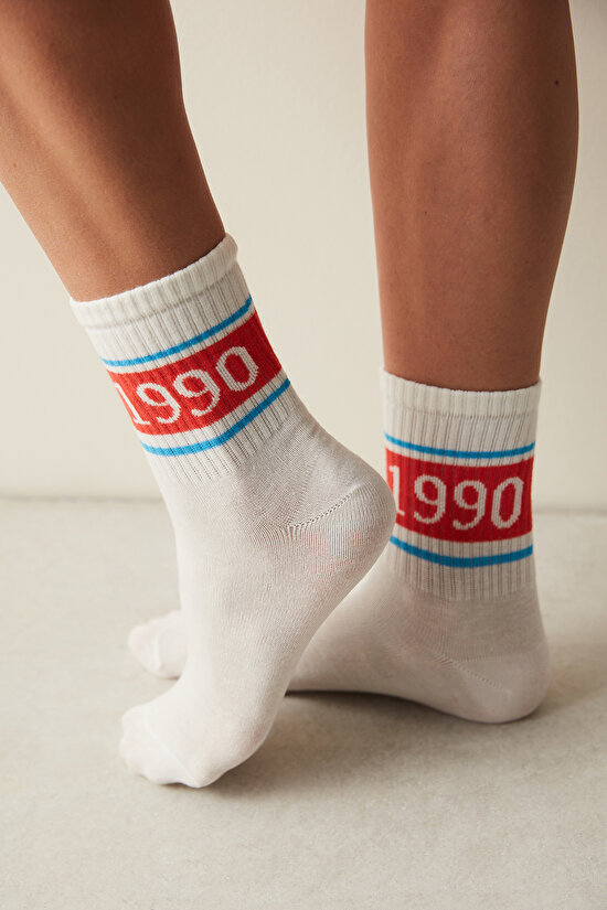 Retro 1990 Kırmızı-Beyaz 2li Soket Çorap - 2