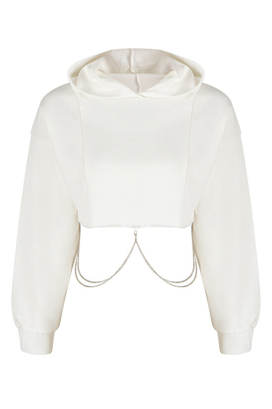 Kırık Beyaz Crop Chain Detailed Sweatshirt - 6
