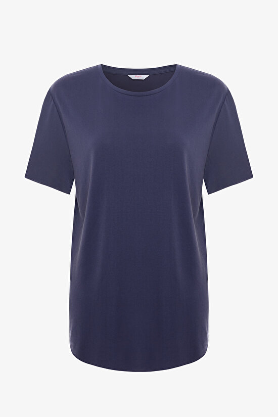 Koyu Indigo Bisiklet Yaka Loose Fit Modal T-Shirt - 1