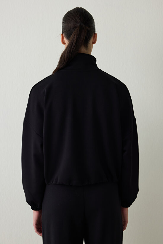 Black Silky Feel Stand Collar Crop Sweatshirt - 7