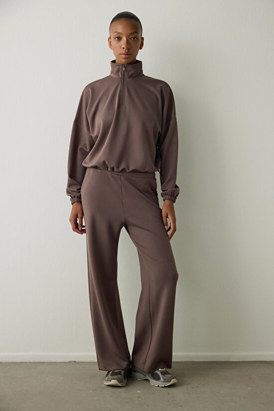 Khaki Silky Feel High Collar Crop Sweatshirt - 3