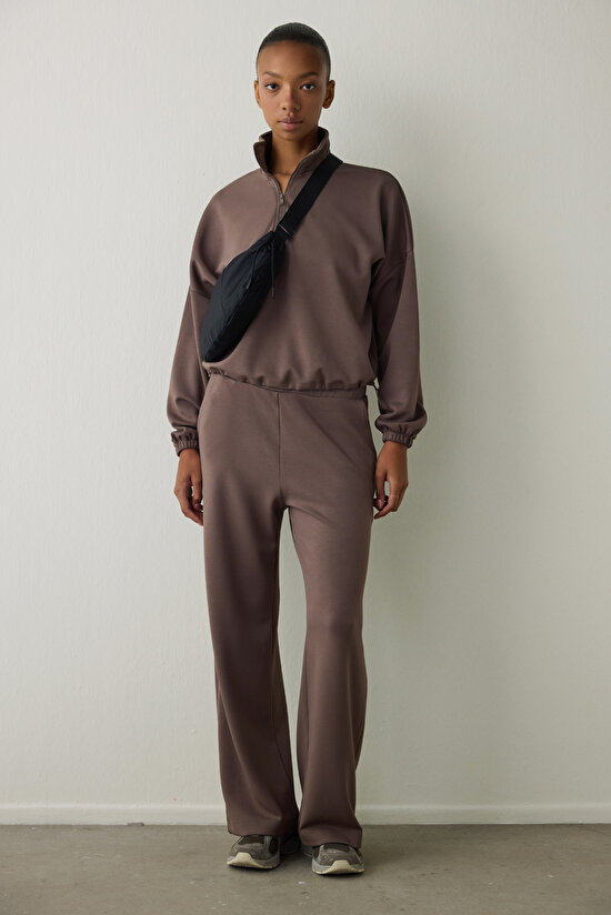 Khaki Silky Feel High Collar Crop Sweatshirt - 4