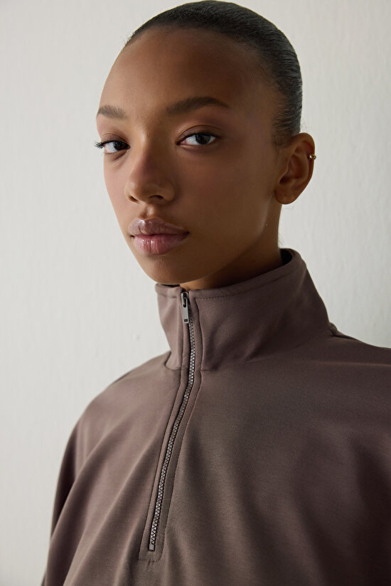 Khaki Silky Feel High Collar Crop Sweatshirt - 5