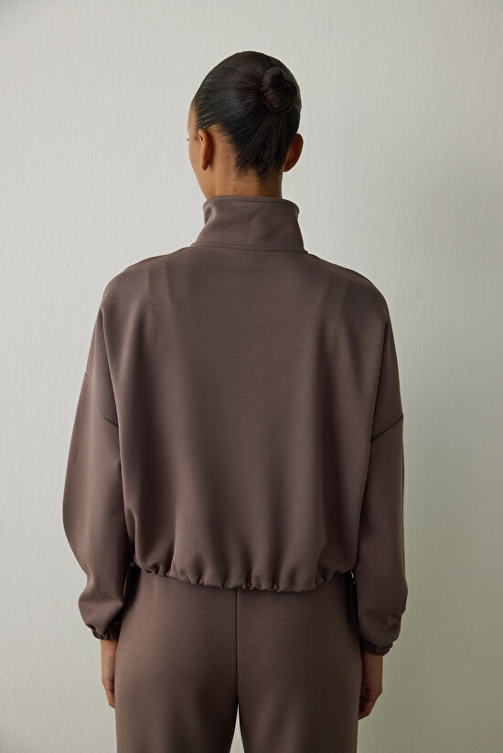 Khaki Silky Feel High Collar Crop Sweatshirt - 7