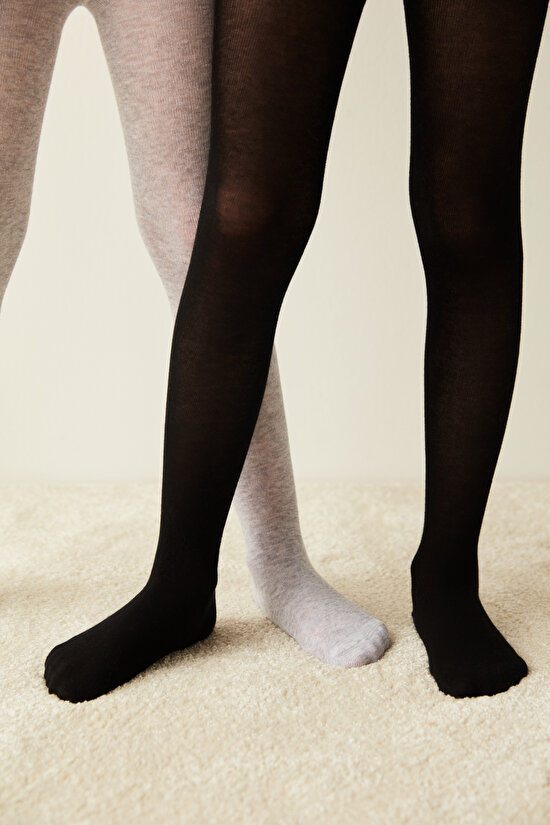 Siyah Gri Melanj Kız Çocuk Pamuklu 2'li Külotlu Çorap - 1