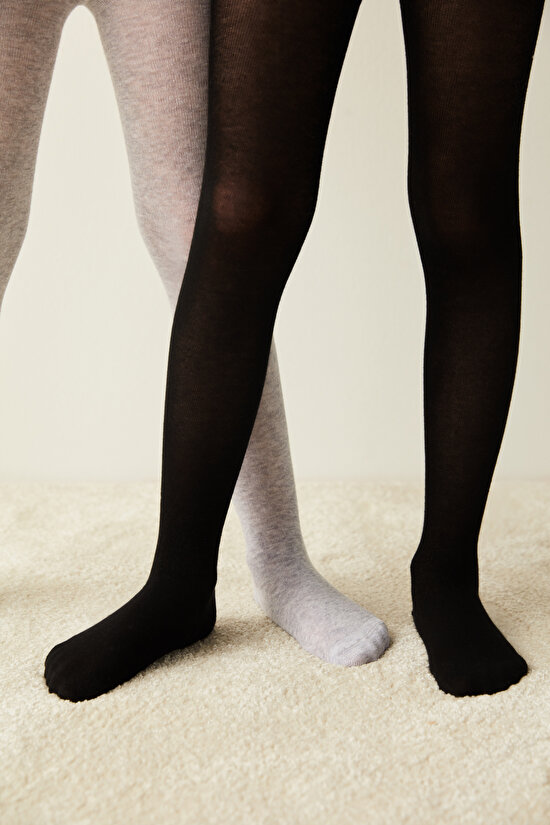 Siyah Gri Melanj Kız Çocuk Pamuklu 2'li Külotlu Çorap - 2