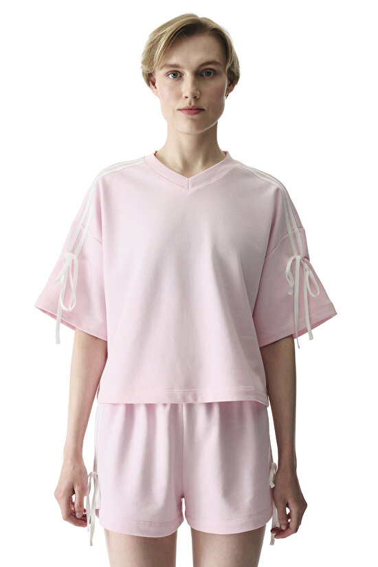 Açık Pembe Kurdele Detaylı V Yaka Oversize Üst - 3