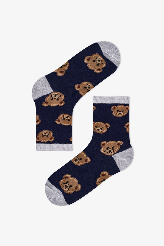 Erkek Çocuk Koyu Mavi Navy Teddy Ayı Desenli Pamuklu 4 Çift Soket Çorap - 2