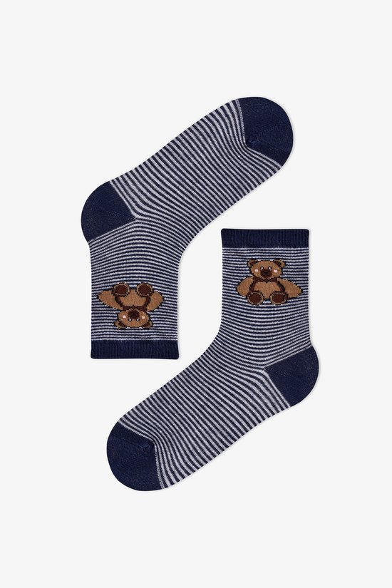 Erkek Çocuk Koyu Mavi Navy Teddy Ayı Desenli Pamuklu 4 Çift Soket Çorap - 3