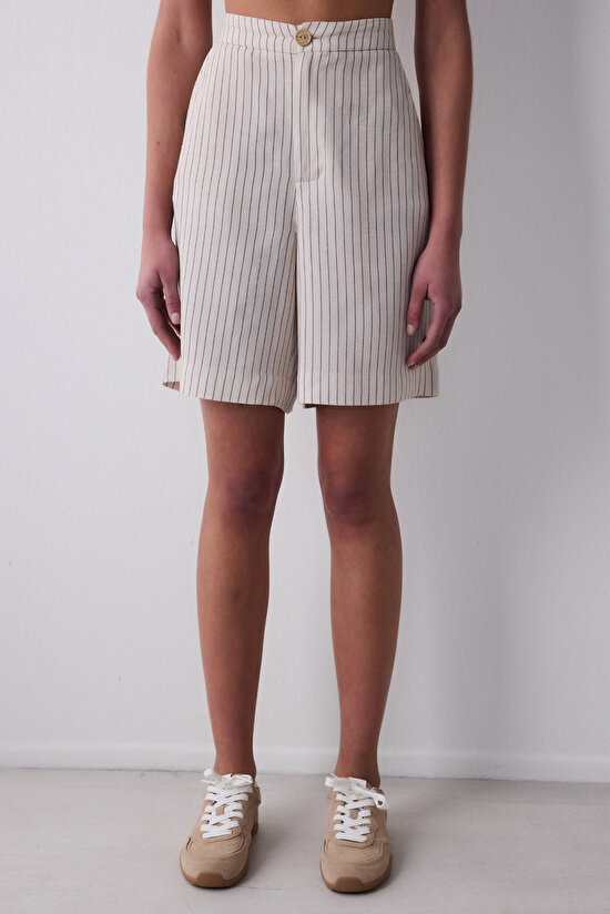 Relax Fit Loose Desenli Açık Bej Bermuda - 3