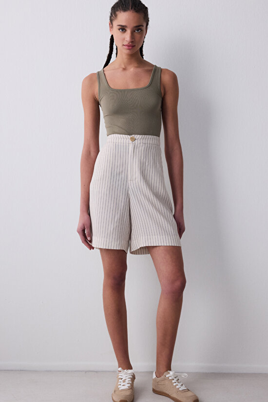 Relax Fit Loose Desenli Açık Bej Bermuda - 5