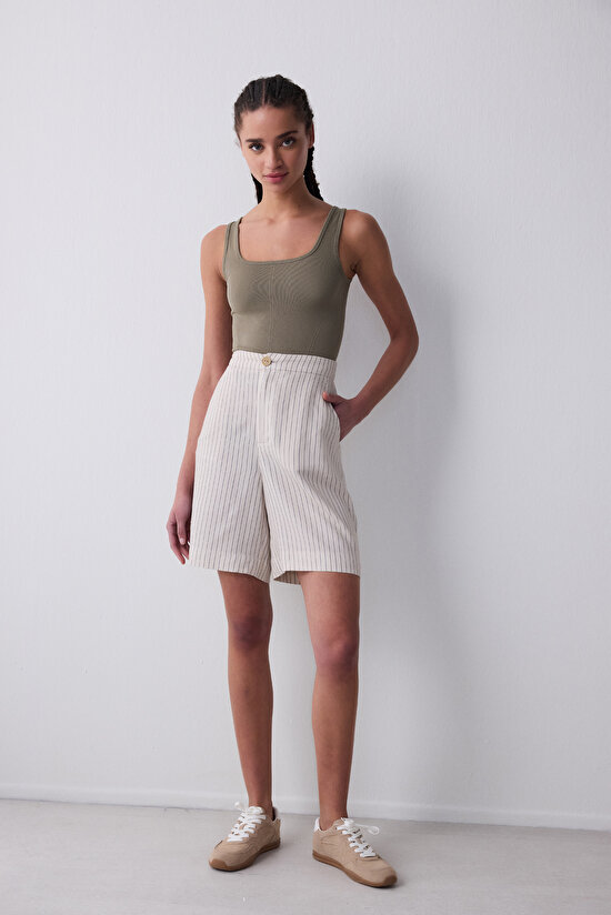 Relax Fit Loose Desenli Açık Bej Bermuda - 6