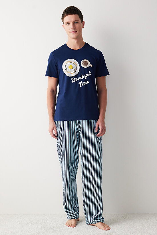 Erkek Breakfast Time Yazılı Çok Renkli Pijama Takımı - 1