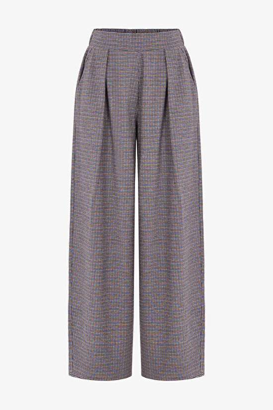 Houndstooth Dar Paça Ekoseli Yüksek Bel Pantolon - 1