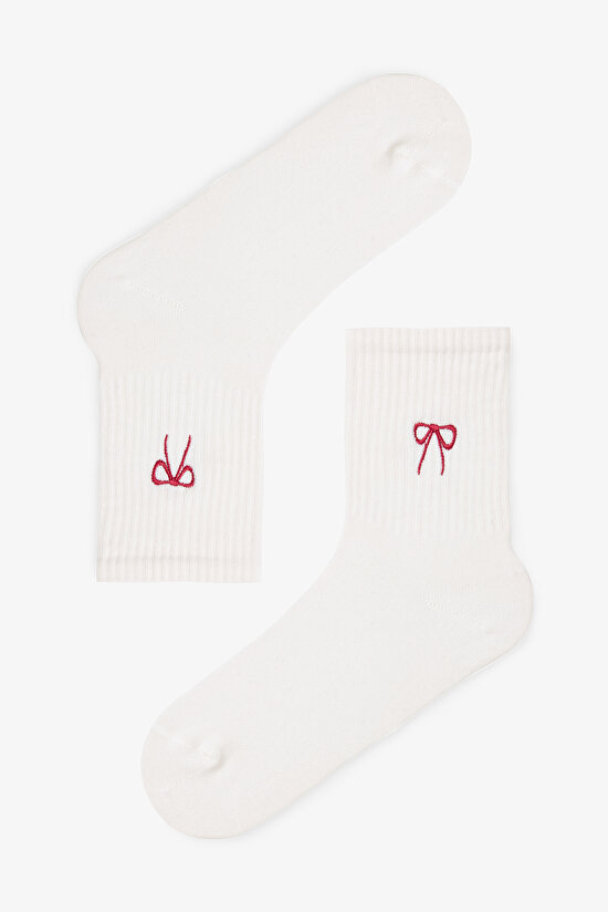 3 Çift Pamuklu Kurdele Nakışlı Tenis Soket Çorap - 4