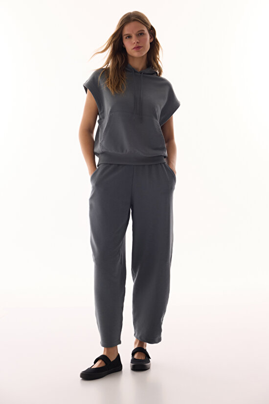Gri Yüksek Bel Pileli Günlük Pantolon - 4