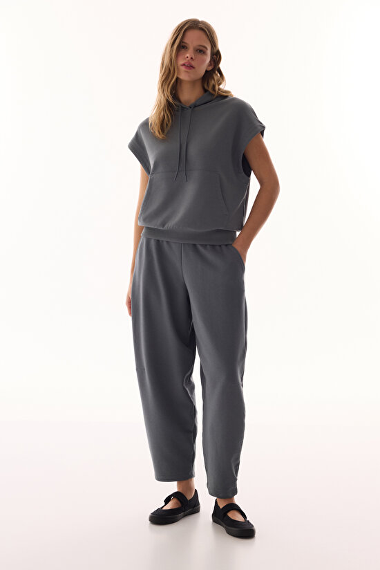 Gri Yüksek Bel Pileli Günlük Pantolon - 5