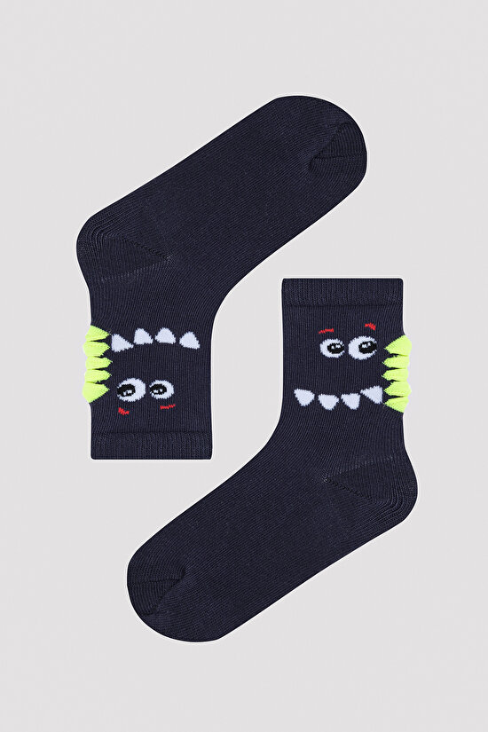 Erkek Çocuk Dino Face 3lü Çok Renkli Soket Çorap - 2