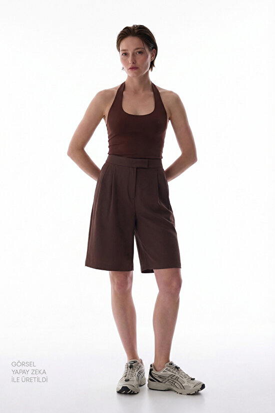 Kahverengi Yüksek Bel Bermuda Şort - 2