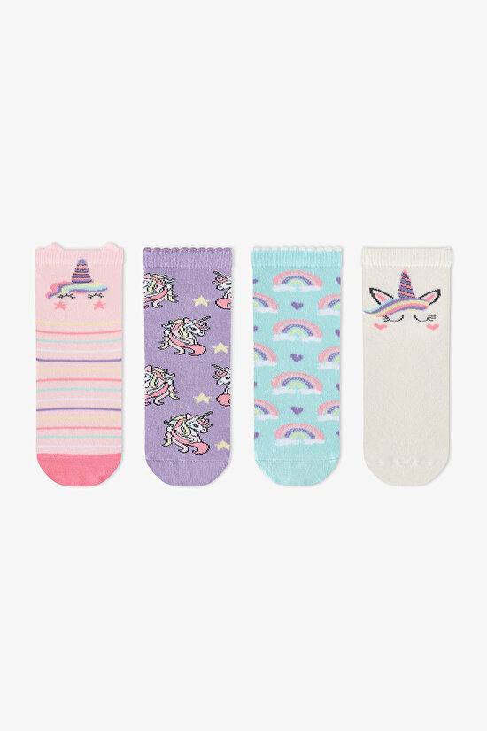 Girls' Pink Unicorn Sky Cotton 4 Pack Ankle Socks - 1