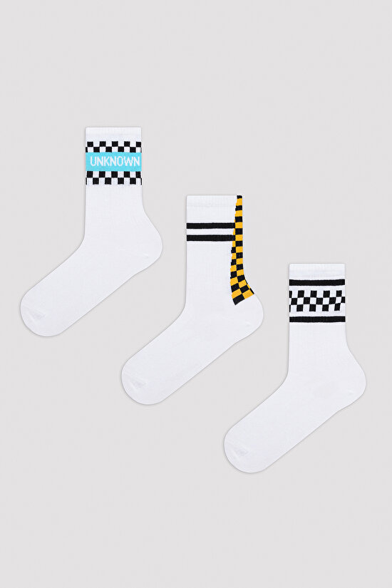 Erkek Damalı Beyaz 3lü Soket Çorap - 1