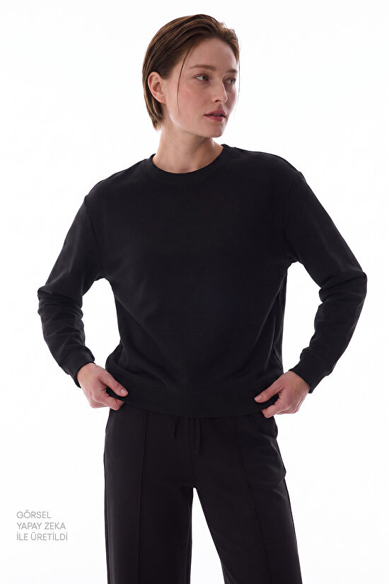 Siyah Modal Bisiklet Yaka Oversize Sweatshirt - 2