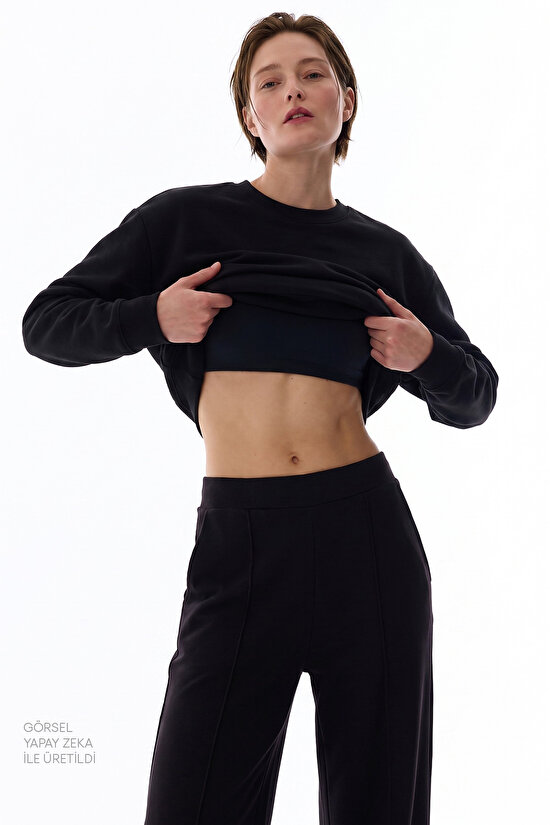 Siyah Modal Bisiklet Yaka Oversize Sweatshirt - 3