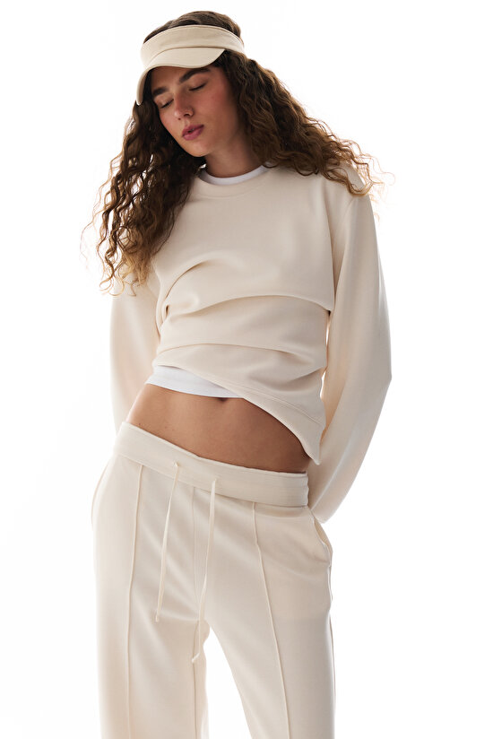 Ekru Modal Bisiklet Yaka Oversize Sweatshirt - 3