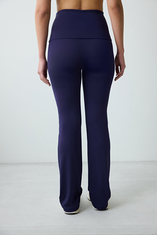 Koyu Mavi Katlanabilir Bel İspanyol Paça Pantolon - 3