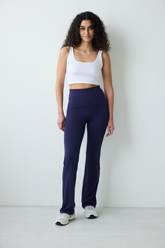Koyu Mavi Katlanabilir Bel İspanyol Paça Pantolon - 4