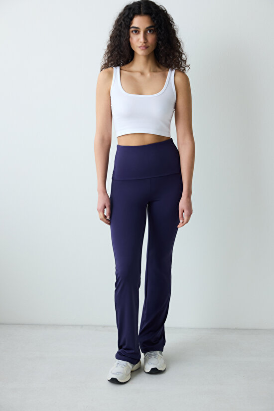 Koyu Mavi Katlanabilir Bel İspanyol Paça Pantolon - 5