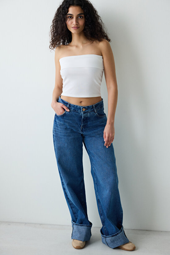 Beyaz Katlanabilir Detay Straplez Üst - 4