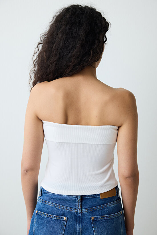 Beyaz Katlanabilir Detay Straplez Üst - 5